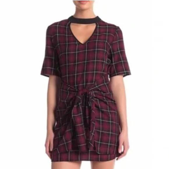 NWT BCBGeneration Cut Out V-Neck Short Sleeve Plaid Front Tie Belt Mini Dress M - Picture 1 of 15